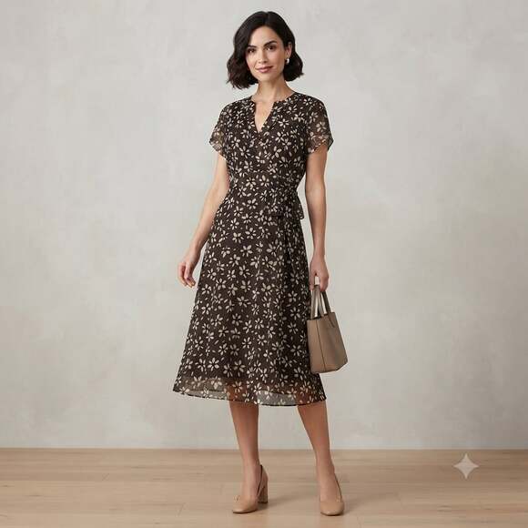Talbots Dresses & Skirts - Talbots Petites Pure Silk Black and Cream Floral Print Faux Wrap Midi Dress